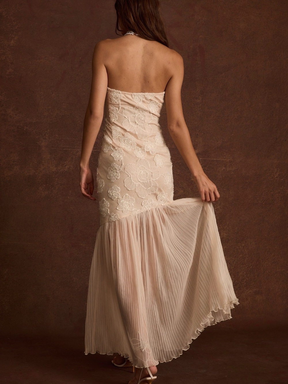 12th Tribe Strapless Lace Applique Maxi Dress in Nude Blush - Picture 2 of 5